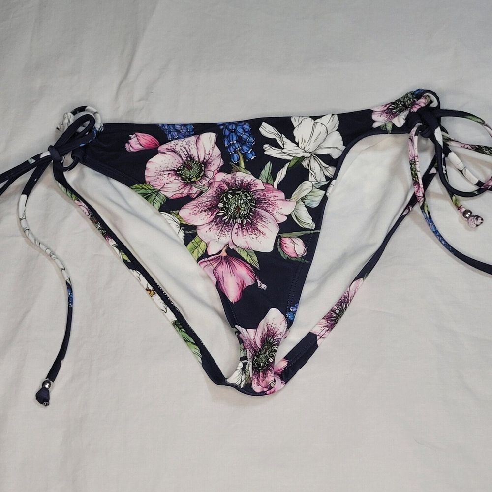 Bikini Bottom Large Lace‎ Up Tie Sides Navy Background Floral New No Tags